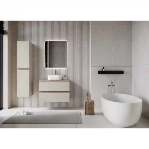 Mobilier suspendat pentru lavoar Fluminia, Genova 60, front rugos, laterale netede, almond/noce americano