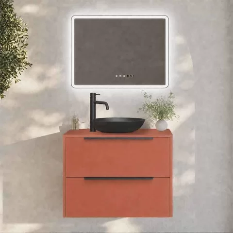 Mobilier suspendat pentru lavoar pe blat Fluminia Istria 80, front neted, 80x46 cm, mattone si maner negru