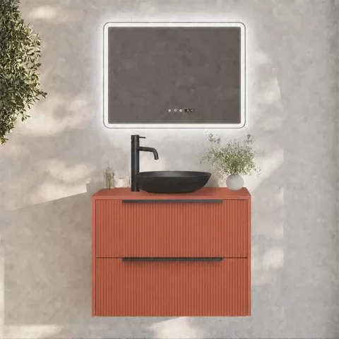 Mobilier suspendat pentru lavoar pe blat Fluminia Istria 80, front riflat, 80 × 46 cm, mattone si maner negru
