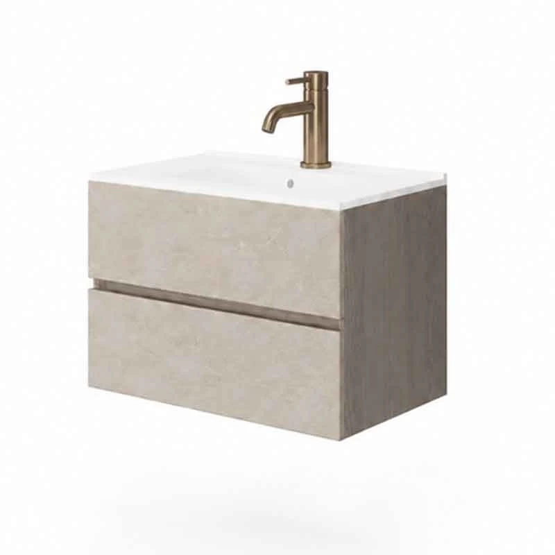 Mobilier suspendat pentru lavoar Fluminia, Genova 60, front rugos, laterale netede, almond/noce americano