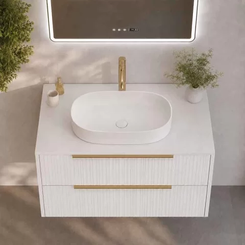 Mobilier suspendat pentru lavoar pe blat Fluminia Istria 80, front riflat, 80x46 cm, alb mat si manere aurii