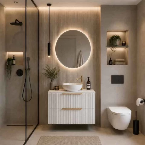 Mobilier suspendat pentru lavoar pe blat Fluminia Istria 80, front riflat, 80x46 cm, alb mat si manere aurii