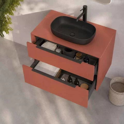 Mobilier suspendat pentru lavoar pe blat Fluminia Istria 80, front neted, 80x46 cm, mattone si maner negru