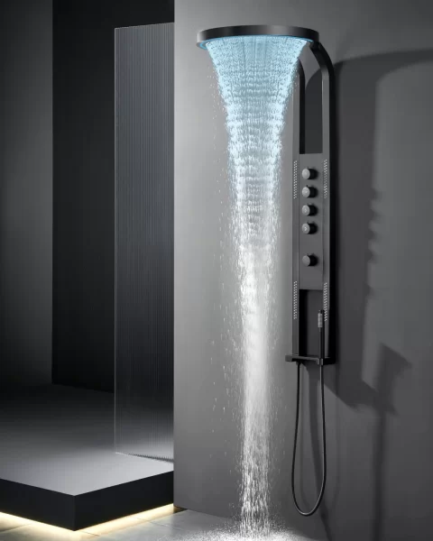 Panel de Dus Black Round LED cu Dus Tip Cascada si Functii Premium