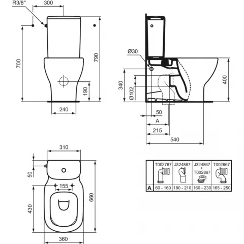 Vas WC Ideal Standard Tesi AquaBlade lipit de perete, evacuare orizontala, 36x66 cm