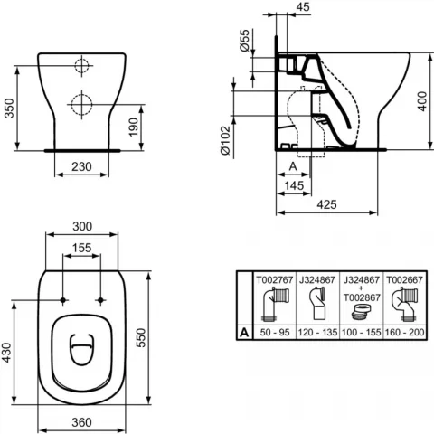 Vas wc Ideal Standard Tesi AquaBlade lipit de perete, 36x55 cm