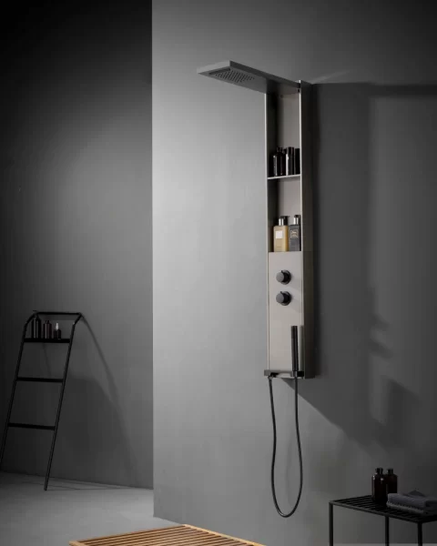 Panel de Dus Gun Metal cu Dus Fix, Rafturi Integrate si Dus de Mana