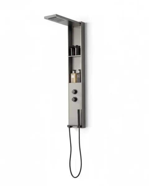 Panel de Dus Gun Metal cu Dus Fix, Rafturi Integrate si Dus de Mana