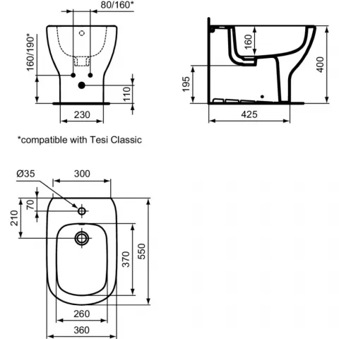 Bideu pe pardoseala Ideal Standard Tesi lipit de perete, 36x55 cm