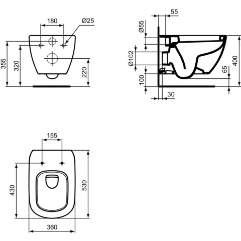 Vas WC suspendat Ideal Standard Tesi, 36x53 cm cu evacuare orizontala
