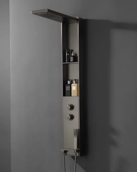 Panel de Dus Gun Metal cu Dus Fix, Rafturi Integrate si Dus de Mana