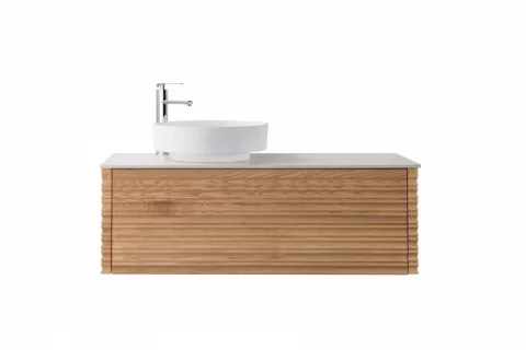 Set mobilier baie suspendat din lemn 120 cm cu lavoar alb si oglinda LED