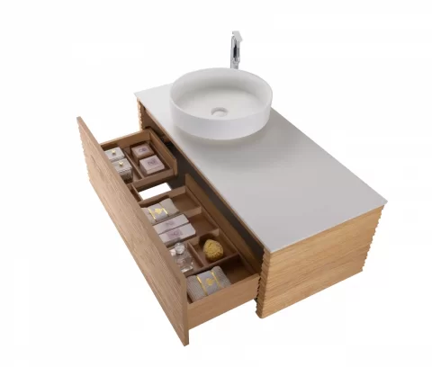 Set mobilier baie suspendat din lemn 120 cm cu lavoar alb si oglinda LED