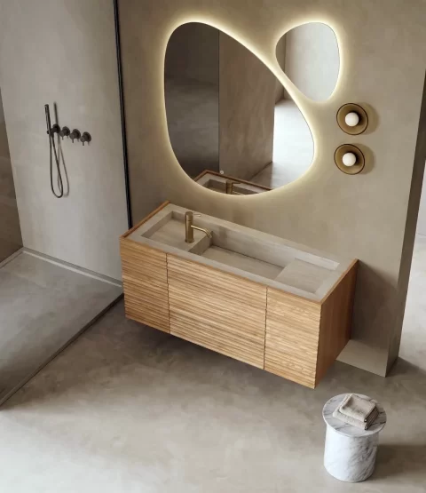Set mobilier baie suspendat din lemn 120 cm cu lavoar rock slab si oglinzi LED