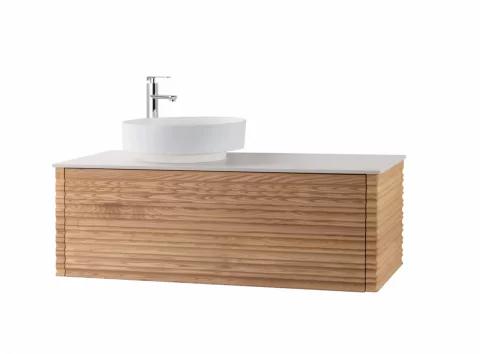 Set mobilier baie suspendat din lemn 120 cm cu lavoar alb si oglinda LED