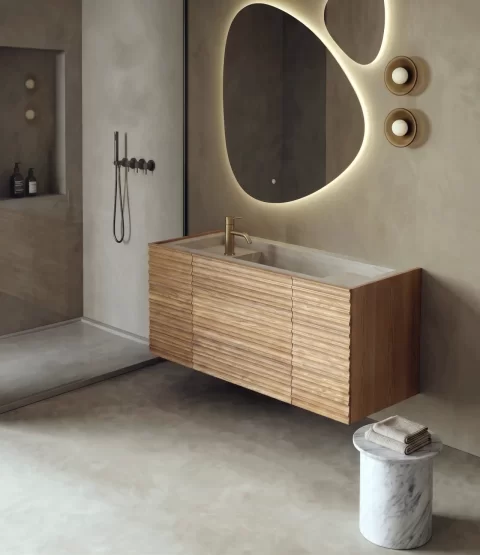 Set mobilier baie suspendat din lemn 120 cm cu lavoar rock slab si oglinzi LED