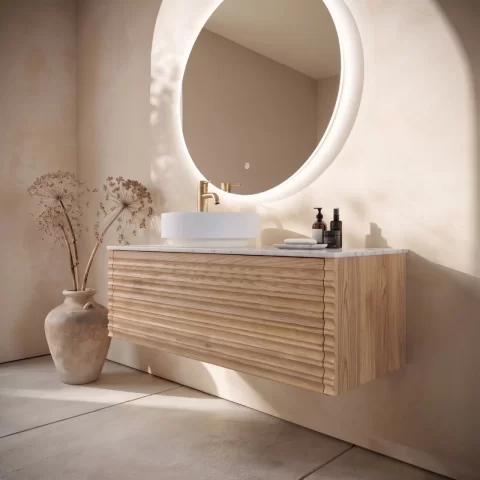 Set mobilier baie suspendat din lemn 120 cm cu lavoar alb si oglinda LED