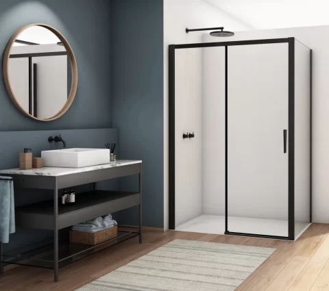 Cabina dus Ronal Divera negru mat 100x90 cm, usa culisanta, grosime sticla 6 mm