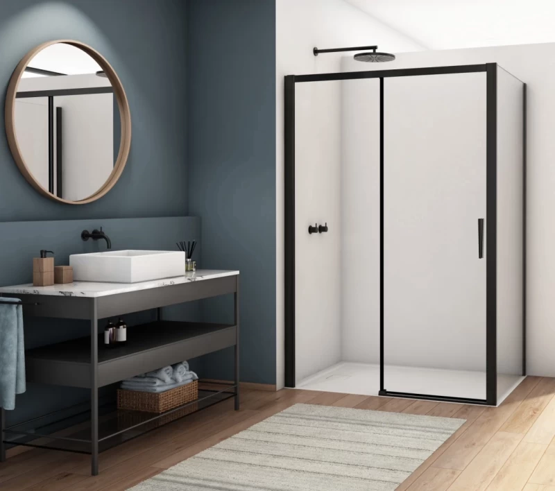 Cabina dus Ronal Divera negru mat 100x90 cm, usa culisanta, grosime sticla 6 mm