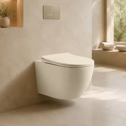 Set vas WC suspendat, Fluminia, rimless, cu capac quick release si soft close, cappuccino