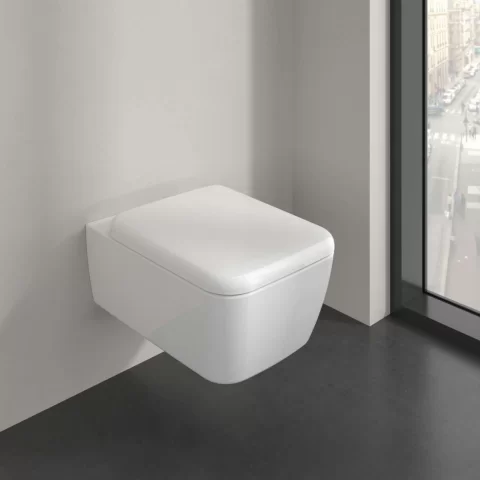 Vas WC suspendat 53x37cm,Villeroy&Boch SkylaTwist Flush rimless cu capac soft close, alb alpin
