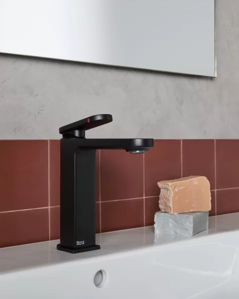 Baterie lavoar Roca Kay M cu ventil, cold start, negru mat