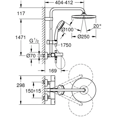 Sistem dus cu baterie si termostat Grohe Tempesta Cosmopolitan System 250 cu pipa cada