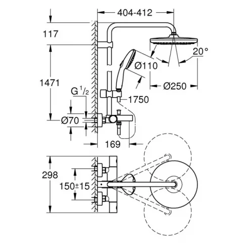 Sistem cada dus cu baterie termostatata Grohe Tempesta System 250 negru mat 266722431
