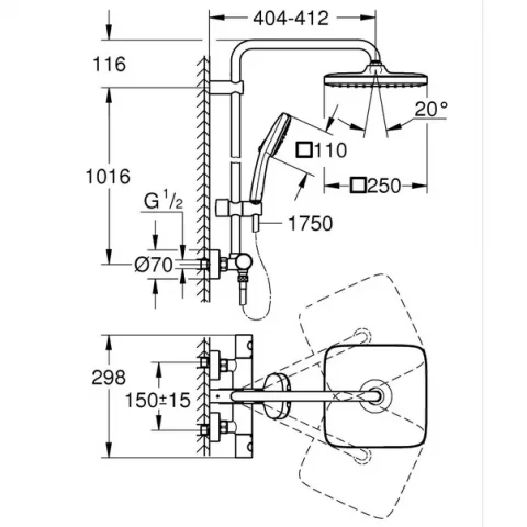 Sistem de dus Grohe Tempesta 250 Cube cu baterie termostatata crom lucios