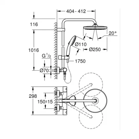 Sistem de dus cu termostat Grohe Tempesta 250 finisaj crom lucios