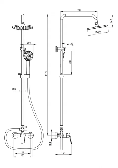 Sistem de dus Deante Boro monocomanda, cu 3 functii, crom