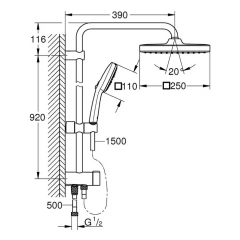 Sistem de dus fara baterie Grohe Tempesta System 250 Cube, bara H92 cm, crom