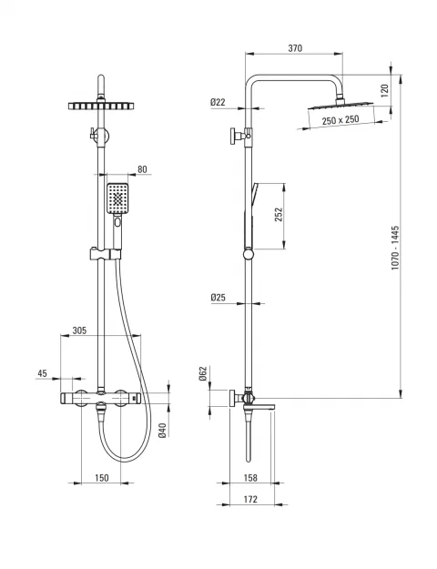 Sistem de dus-cada Deante Therm termostatat, cu 3 functii, bronz periat