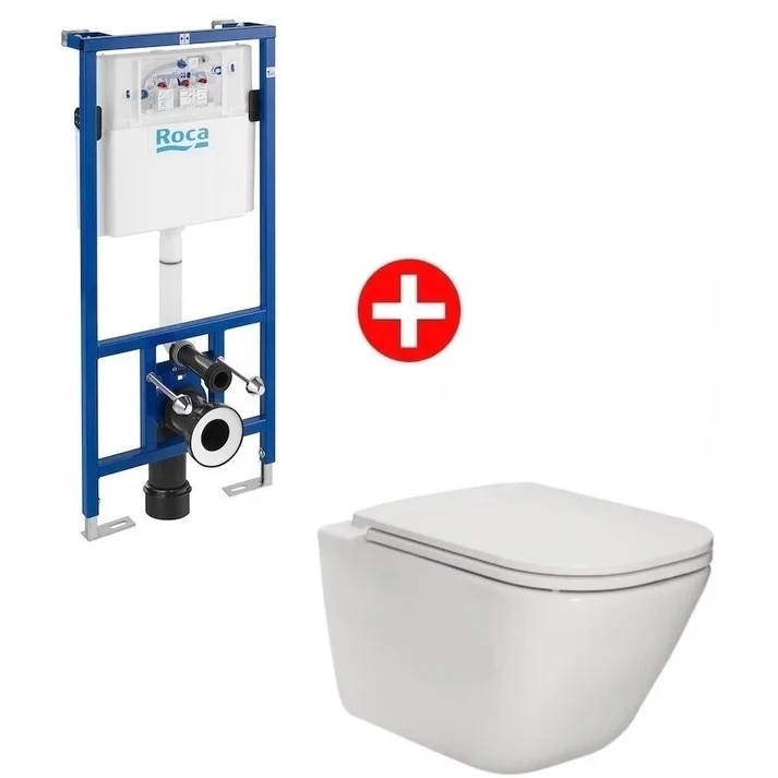 Set promo Vas WC suspendat cu rezervor incastrat si capac soft close Roca Duplo The Gap Rimless 35x54 cm evacuare orizontala
