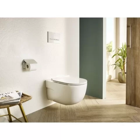 Set promo Vas WC suspendat cu capac soft close Roca Meridian Rimless 36x56 cm evacuare orizontala