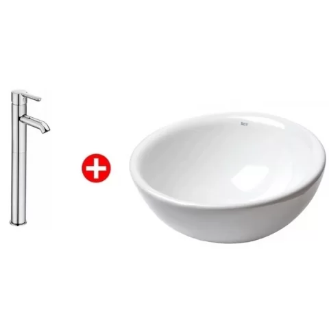 Set Promo lavoar baie pe blat Roca Bol 42x42 cm, cu baterie Carelia crom