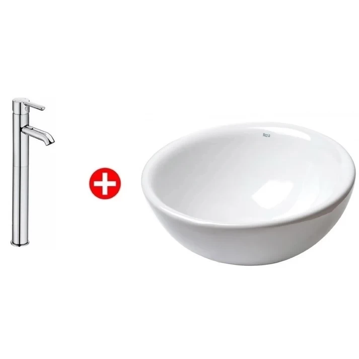 Set Promo lavoar baie pe blat Roca Bol 42x42 cm, cu baterie Carelia crom