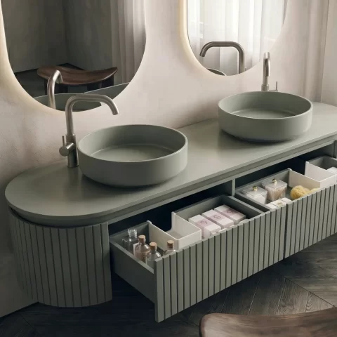 Set mobilier baie dublu suspendat Sereno 160 cm cu lavoare din compozit si oglinzi LED