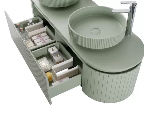 Set mobilier baie dublu suspendat Sereno 160 cm cu lavoare din compozit si oglinzi LED