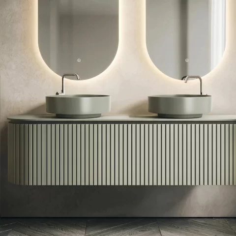 Set mobilier baie dublu suspendat Sereno 160 cm cu lavoare din compozit si oglinzi LED
