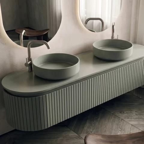 Set mobilier baie dublu suspendat Sereno 160 cm cu lavoare din compozit si oglinzi LED