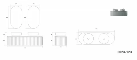 Set mobilier baie dublu suspendat Sereno 160 cm cu lavoare din compozit si oglinzi LED