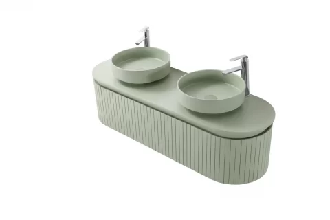 Set mobilier baie dublu suspendat Sereno 160 cm cu lavoare din compozit si oglinzi LED