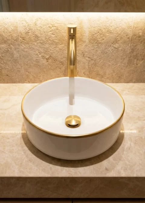 Lavoar ceramic rotund elegant alb lucios cu linie aurie