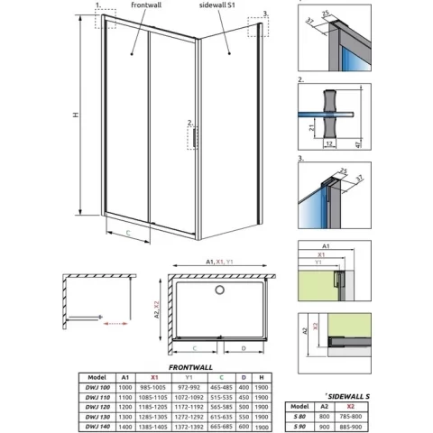 Cabina dus dreptunghiulara cu usa glisanta Radaway Alienta Black DWJ+S 100x80 cm, profil negru
