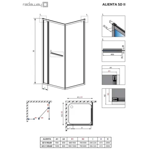 Cabina dus patrata cu usa glisanta Radaway Alienta SD II 100x80 cm, profil crom