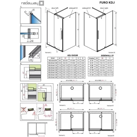 Cabina dus dreptunghiulara cu usa glisanta Radaway Furo Brushed Copper KDJ 100x80 cm, cupru periat