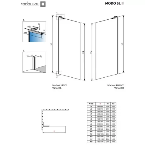 Perete sticla dus Walk In Radaway Modo SL II 90xH200 cm, profil nichel periat