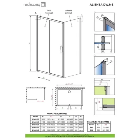 Cabina dus dreptunghiulara cu usa glisanta Radaway Alienta Brushed Light Gold DWJ+S 100x80 cm, profil auriu periat