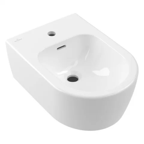 Bideu suspendat Villeroy&Boch Skyla 37x53cm cu CeramicPlus, cu ventil, preaplin si orificiu de baterie